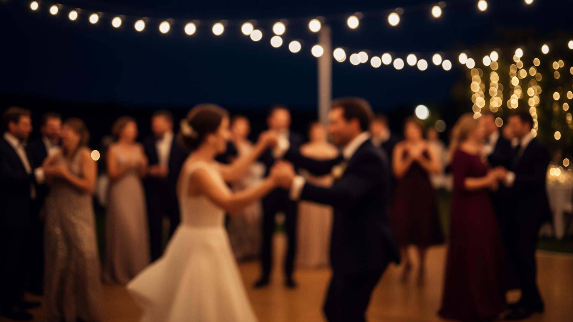 Tanzende Gäste auf einer Hochzeitsfeier mit Lichterketten